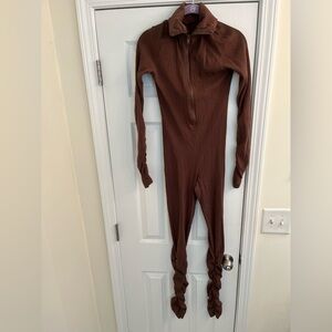 Brown Ribbed Zip-Up Jumpsuit